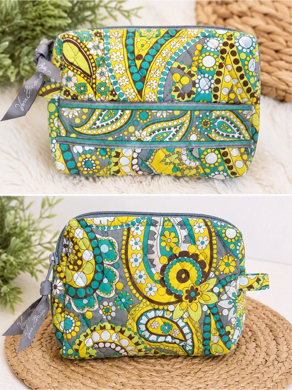 Vintage Vera Bradley Yellow Teal Paisley Quilted Zip Cosmetic Bag Pouch